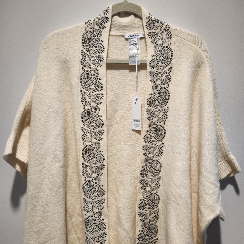 Chico's NWT Ivory Cardigan Ruana with Silver Floral Detail